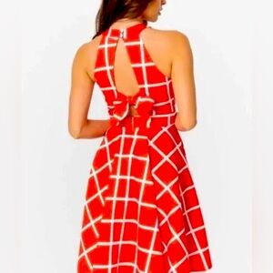 Smak Parlour Coral & White Checkered Halter Make Me Over Flare Dress Size S NWT